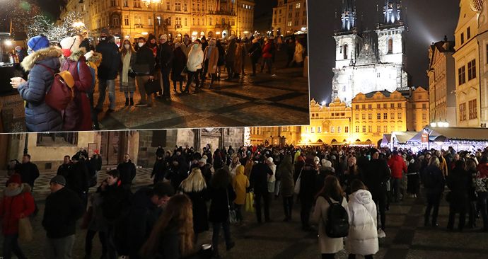 Rozvolnění opatření v Česku: Davy lidí a fronty na Staroměstském náměstí v Praze (3. 12. 2020)
