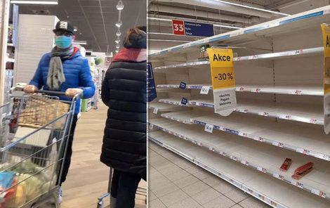 Lidé v obavách před koronavirem vykoupili v jednom pražském supermarketu regál s trvanlivými potravinami. Před nákupní mánií varují v Česku, ale i Itálii (vlevo foto z Milána)