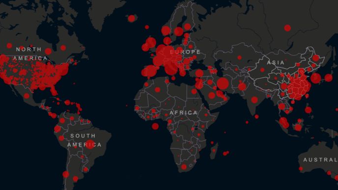 Mapa nákazy koronavirem Covid-19 ve světě ke dni  23.3.2020