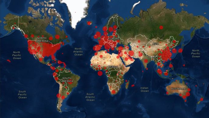 Mapa nákazy koronavirem Covid-19 ve světě ke dni 30.3.2020
