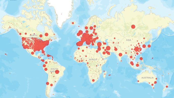 Mapa nákazy koronavirem Covid-19 ve světě ke dni 13.4.2020