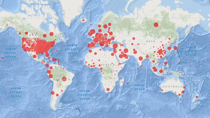 Mapa nákazy koronavirem Covid-19 ve světě ke dni 27.4.2020