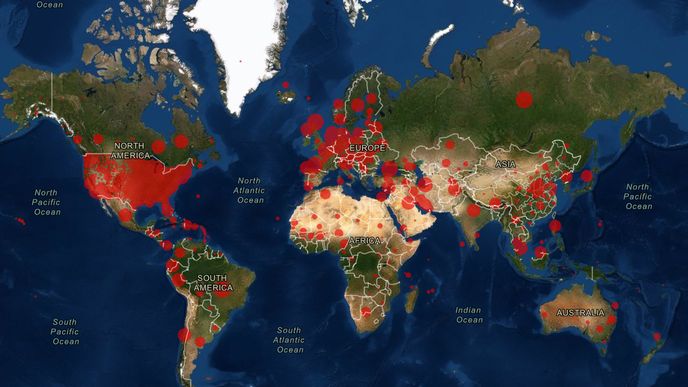 Mapa nákazy koronavirem Covid-19 ve světě ke dni 4.5.2020