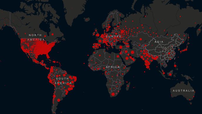Mapa nákazy koronavirem Covid-19 ve světě ke dni 3.8.2020