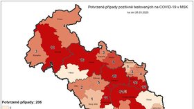 Mapa na úrovni ORP, kterou zveřejnil hejtman Ivo Vondrák 26. 3. večer.