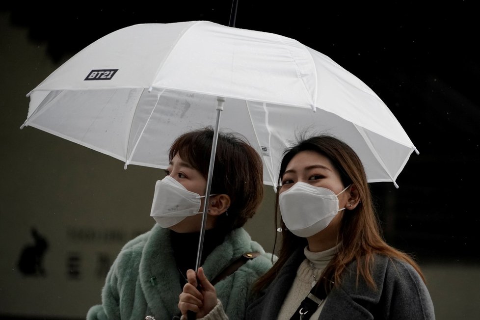 Cestující vlakem v jihokorejském Soulu se proti nákaze koronavirem brání rouškami