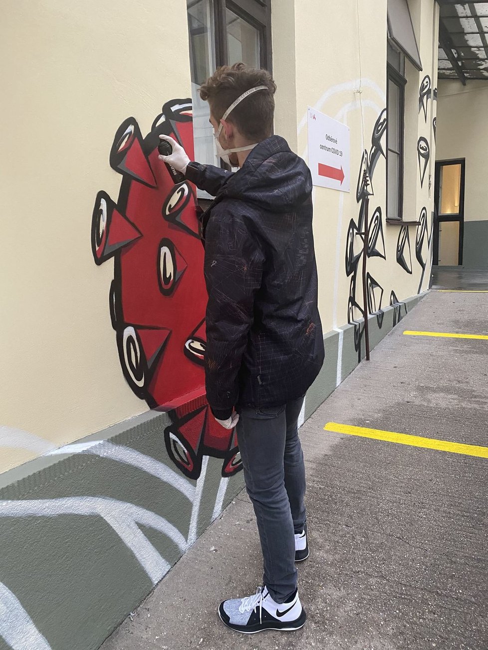 Student Michal Pavlík nabídl vedení Fakultní nemocnice u svaté Anny, že zeď u jednoho z odběrových center covidu pokryje graffiti. Motivem se staly viry covidu, zapletené v jeho pojetí DNA.