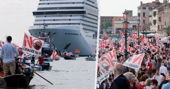 Z italských Benátek po roce odplula první výletní loď. Provázely ji protesty (5.6.2021).