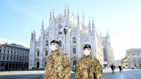 Bezpečnostní složky s rouškou před milánskou katedrálou Duomo (24. 2. 2020)