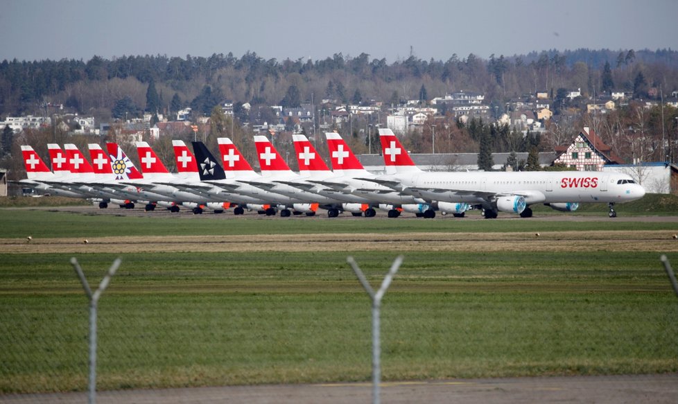 Odstavená letadla Swiss Airlines (22.3. 2020)