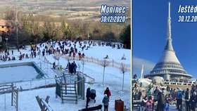 Zaplněné skiareály v Česku i přes zastavené vleky - vlevo Monínec. Davy lidí se tísnily i na Ještědu (30.12.2020)