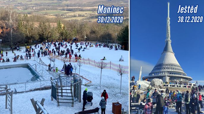 Zaplněné skiareály v Česku i přes zastavené vleky - vlevo Monínec. Davy lidí se tísnily i na Ještědu (30.12.2020)