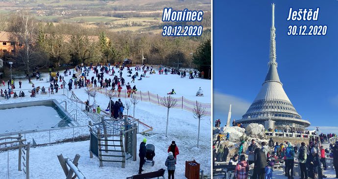 Zaplněné skiareály v Česku i přes zastavené vleky - vlevo Monínec. Davy lidí se tísnily i na Ještědu. (30.12.2020)