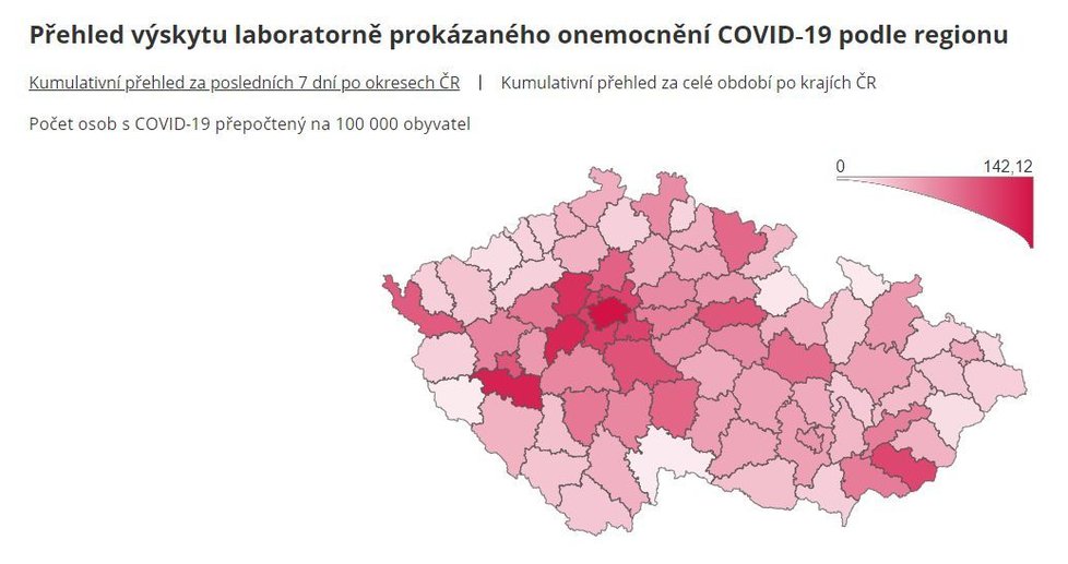 Přehled výskytu laboratorně prokázaného onemocnění covid-19 podle regionu (údaje k 15. 9. 2020, 1:00)