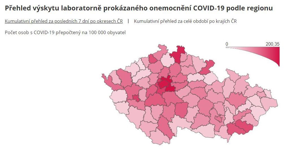 Přehled výskytu laboratorně prokázaného onemocnění covid‑19 podle regionu (údaje k 24. 9. 2020, 1:00)
