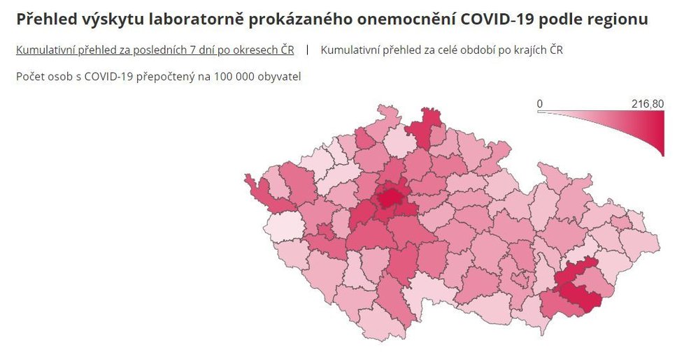 Přehled výskytu laboratorně prokázaného onemocnění covid-19 podle regionu (údaje k 19. 10. 2020, 1:00)