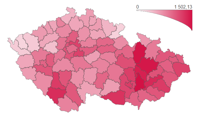 Sedmidenní přírůstky počty nakažených přepočtených na 100 tisíc obyvatel v ČR (údaje k 20. 11. 2021, 4:40)