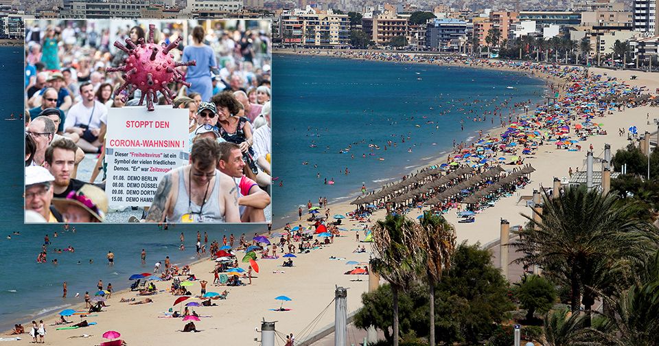 Protesty v Německu proti postupu vlády během pandemie. A pláže v Palma de Mallorca (15. 8. 2020)