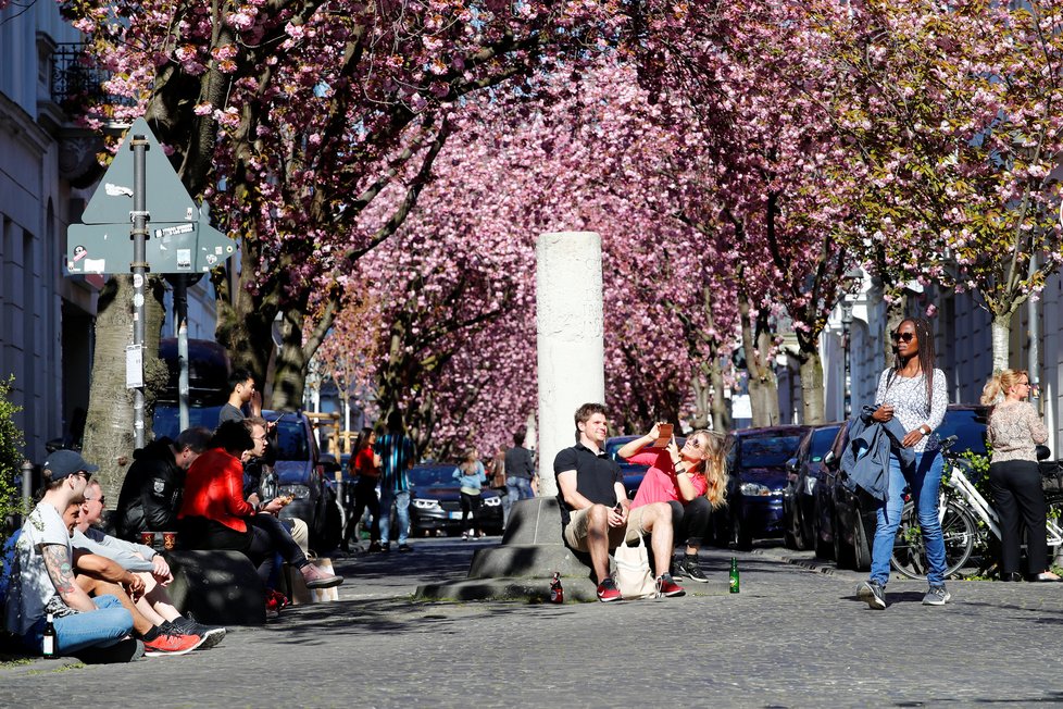 Němci vyrazili obdivovat rozkvetlé třešně. Na rozestupy nedbali. (5.4.2020)