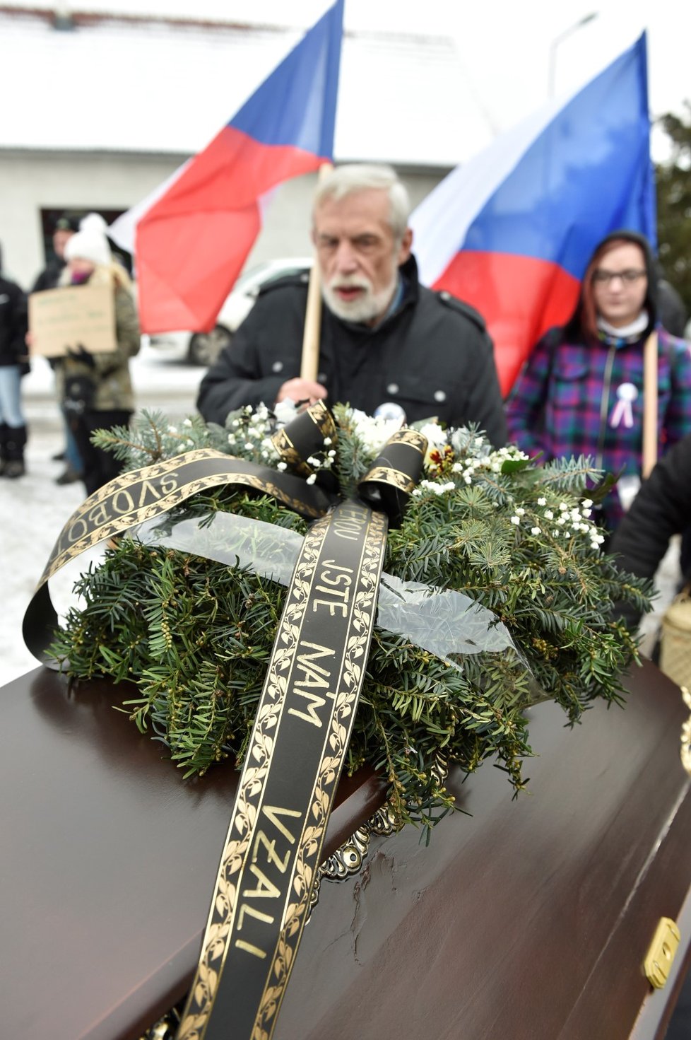 Desítky lidí s transparenty, českými i černými vlajkami, koňmi a rakví se dnes odpoledne vydaly k domu ministra zdravotnictví Jana Blatného (za ANO) v Jinačovicích na Brněnsku.