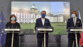 Ministryně financí Alena Schillerová (za ANO), vicepremiér Karel Havlíček (ANO) a ministr zdravotnictví Adam Vojtěch (za ANO) na tiskové konferenci po jednání vlády (14.4.2020)
