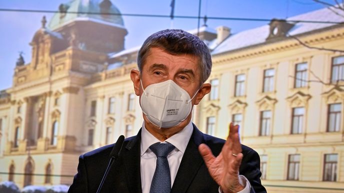 Premiér Andrej Babiš (ANO) vystoupil 27. ledna 2021 v Praze na tiskové konferenci po mimořádném jednání vlády.