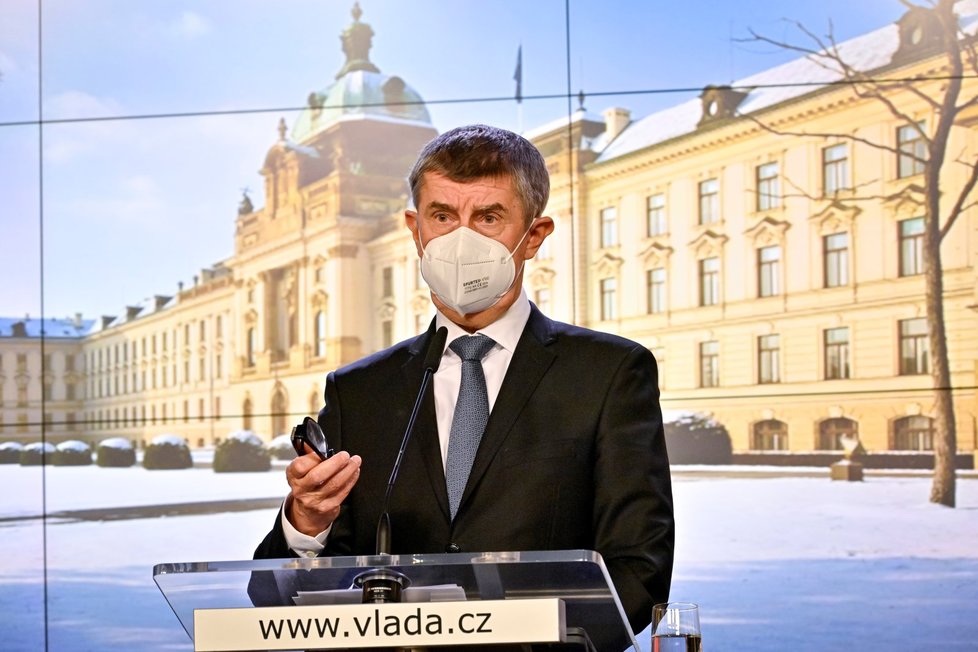 Premiér Andrej Babiš (ANO) vystoupil 27. ledna 2021 v Praze na tiskové konferenci po mimořádném jednání vlády.