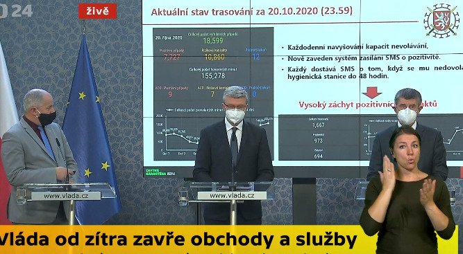 Ministr zdravotnictví Roman Prymula (za ANO) po jednání vlády představuje nová opatření proti šíření koronaviru (21.10.2020)