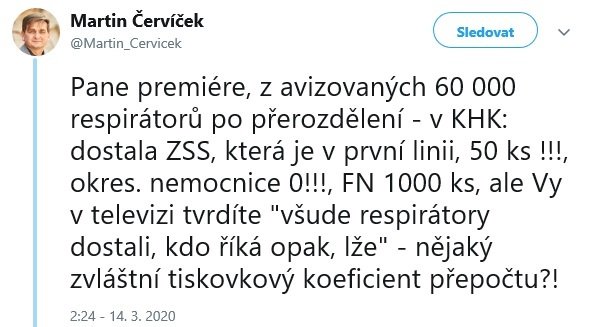 Tweet senátora Martina Červíčka (ODS)