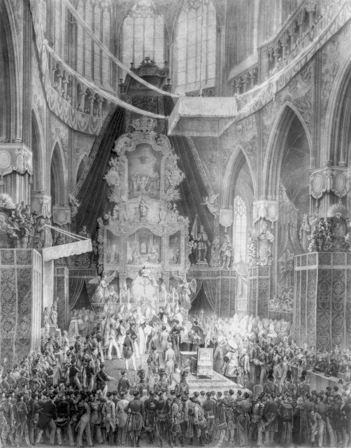 Takto probíhala korunovace Ferdinanda V. na českého krále v roce 1836 ve svatovítském chrámu. Žádný jiný vladař v něm již nikdy poté nebyl korunován.