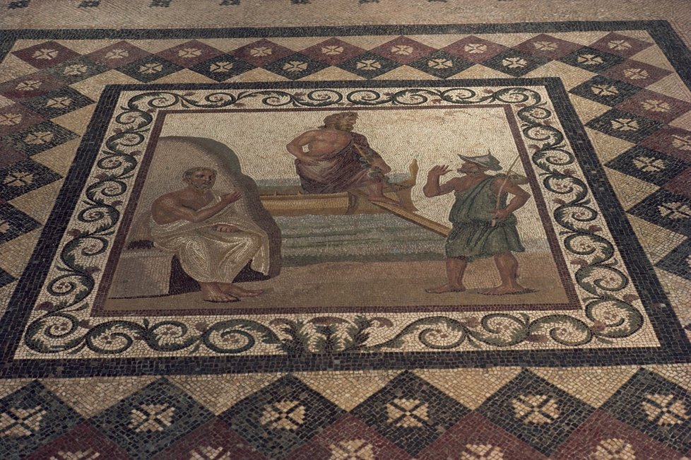 Mozaika, na níž je vyobrazen Hippokrates a jeho žáci.