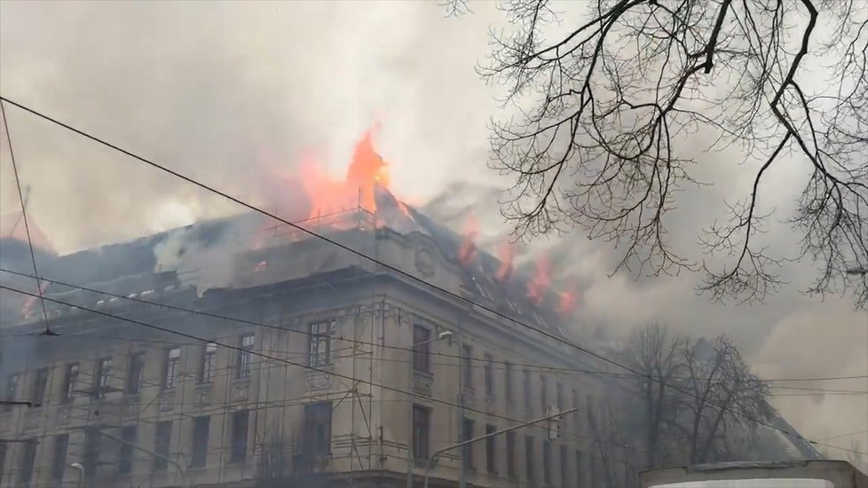 Požár daňového úřadu v Košicích, 27. února 2018.