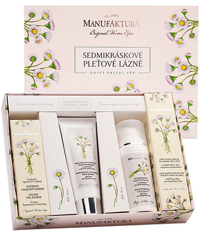 Sedmikráskové pleťové lázně, Manufaktura (peelingová maska, anti-aging sérum, podkladový fluid a pleťový olejový elixír) 995 Kč