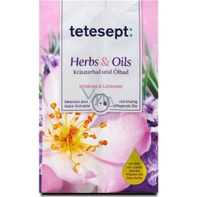 Koupelová sůl s pečujícími oleji, Tetesept Herbs & Oil, Divoká růže + Levandule 39 Kč/ 60 g a 15 ml