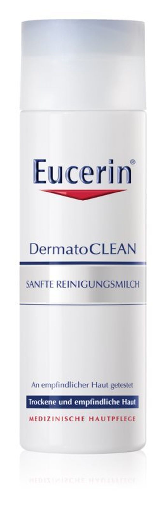 Čisticí pleťové mléko pro citlivou a suchou pleť DermatoClean, Eucerin, dostupné v lékárnách nebo na notino.cz, 273 Kč/200 ml