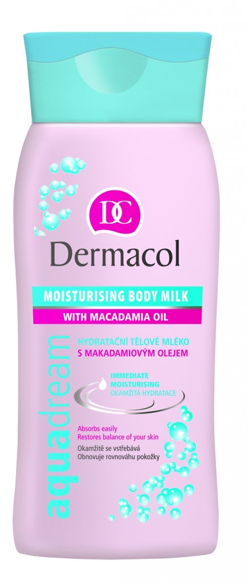 Olej z makadamových ořechů pokožku zjemní, zvláční a hydratuje. Tělové mléko Moisturising Body Milk Aquadream, Dermacol, 89 Kč