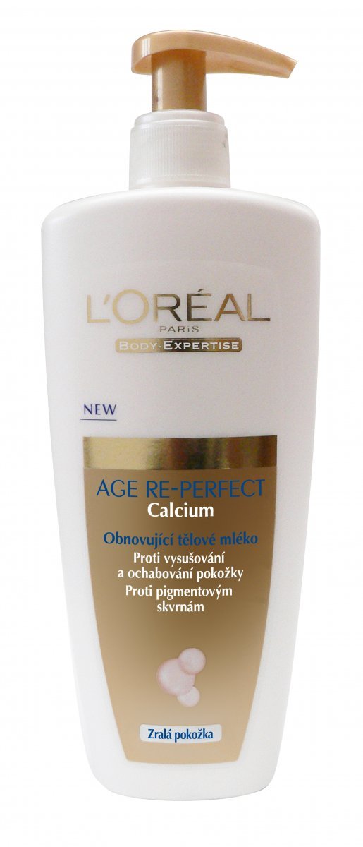 Pro zpevnění pokožky, hydrataci a proti ochabování a pigmentovým skvrnám. Age Re-Perfect Calcium tělové mléko, L´Oréal Paris, 199 Kč