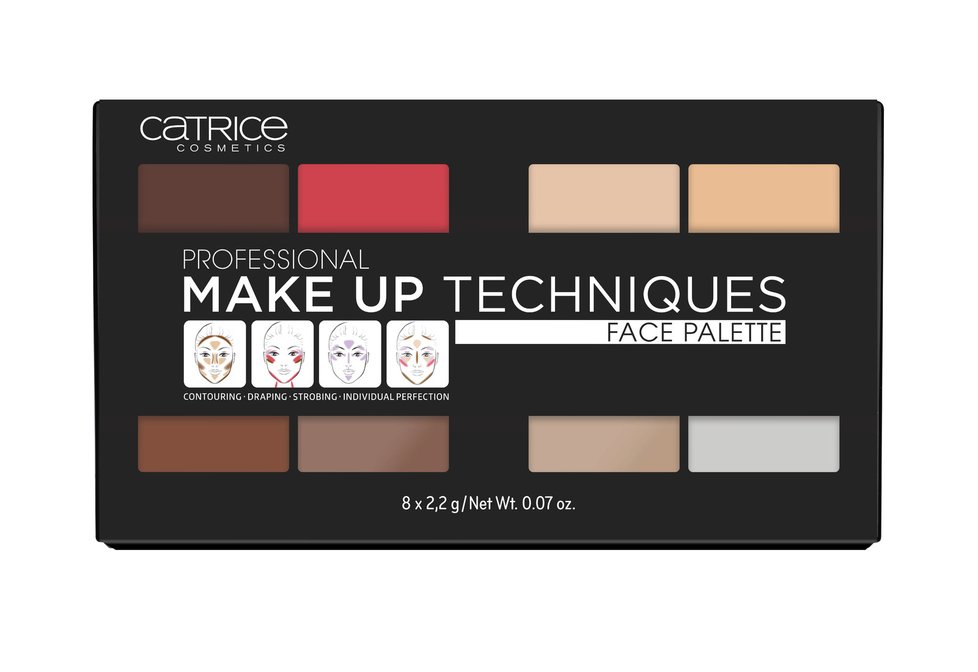 Catrice Paleta Professional Make Up Techniques. Šest pudrových a dvě krémové textury umožňují kombinovat různé techniky make-upu v jedné paletce: konturování, krytí & rozjasnění, cena 349 Kč