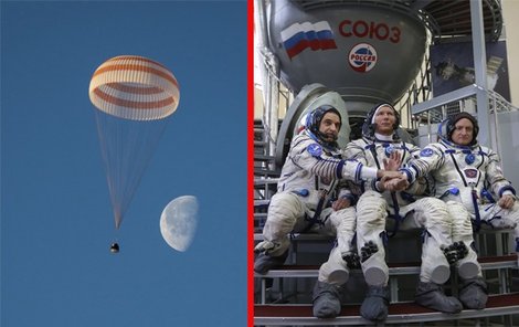Úchvatný pohled na dopadající Sojuz TMA. Astronauti Wilmore, Samokuťajev a Serovová.