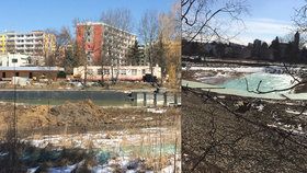 Konec března 2018: revitalizace koupaliště Lhotka v Praze stále pokračuje.