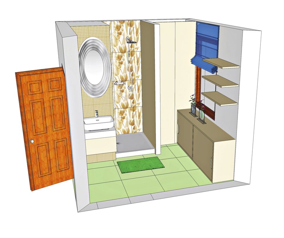 Tuto variantu jsem navrhla neutrálnější, přijatelnější pro oba partnery. Květy se tentokrát objevují na velkoformátových obkladech a díky své barevnosti evokují klid a relax. Jako kontrapunkt k obkladům jsem zvolila skleněnou mozaiku na umyvadlové stěně – společně působí tato část prostoru opravdu luxusně. Nábytek na míru je v neutrální barevnosti stejně jako dvířka, za nimiž je kotel.