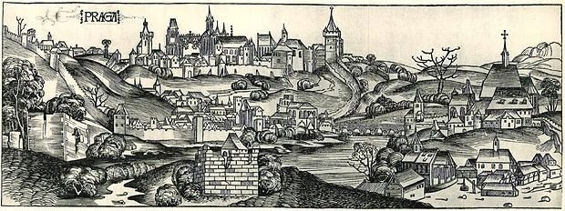 Norimberská kronika z roku 1493 obsahuje nejstarší známé vyobrazení středověké Prahy.