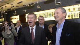 Krajské volby 2016: Rozesmátý Andrej Babiš ve štábu hnutí ANO. Vpravo Martin Stropnický