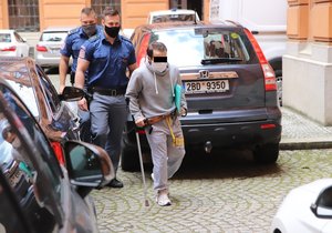 Policejní eskorta přivádí ke Krajskému soudu v Brně Antonína Š. (29), který je podezřelý z dvojnásobné vraždy v Břeclavi v srpnu 2019.