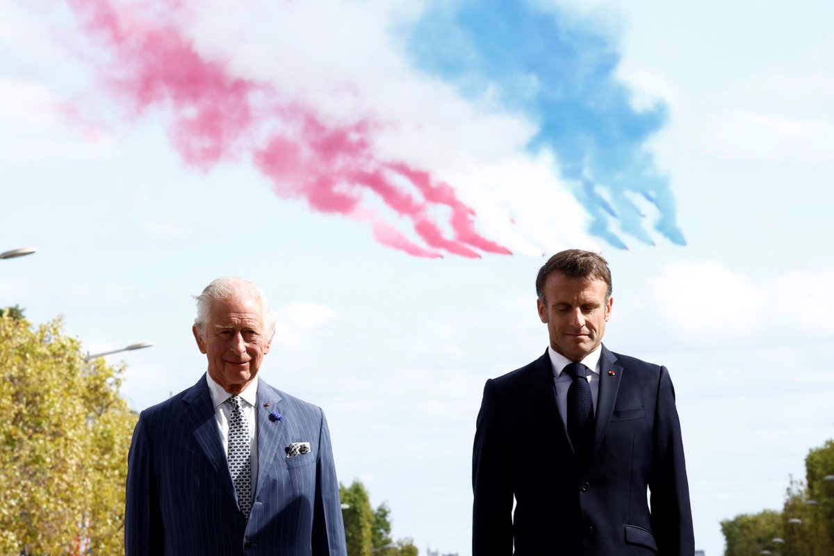 Britský král Karel III. s francouzským prezidentem Emmanuelem Macronem (20.9.2023)