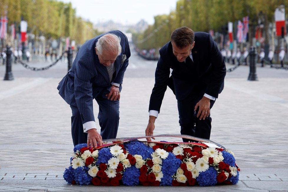 Britský král Karel III. s francouzským prezidentem Emmanuelem Macronem (20.9.2023)