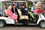 Královna se nechala vozit v golfovém vozítku.