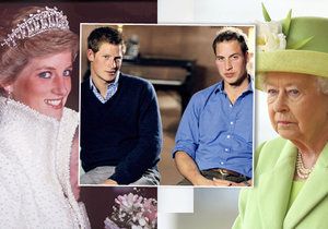 Princezna Diana, princ William a Harry a královna Alžběta II.