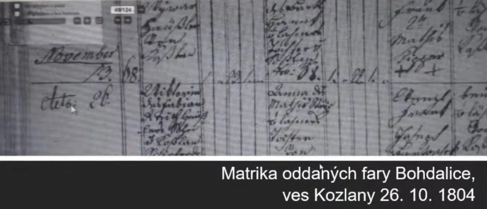 Matrika z Kozlan, kde je záznam o tom že 26. října 1804 uzavřeli Viktorín a Anna sňatek.