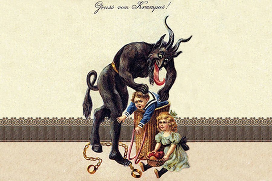 Dobová pohlednice s Krampusem z roku 1900.